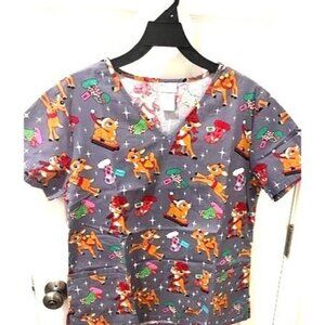 Rudolph The Red-Nosed Reindeer Christmas Scrub Top 3XL Gray V-Neck Short Sleeve